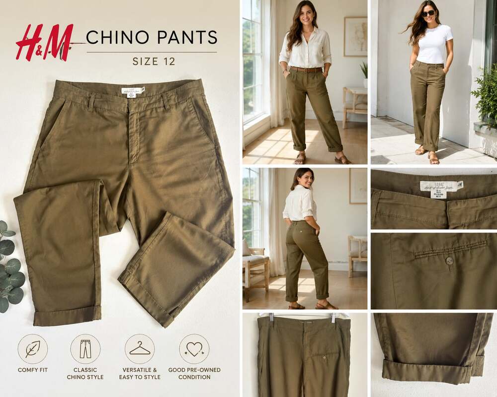 H&M L.O.G.G. Women’s Olive Green Chino Pants Size 12 Casual Roll Cuff Straight L